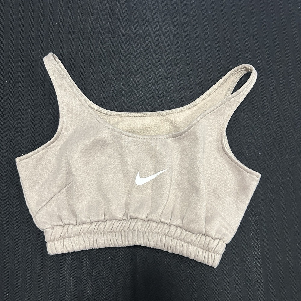 Nike Fleece Crop Top Sports Bra Women's Small Beige Center Swoosh